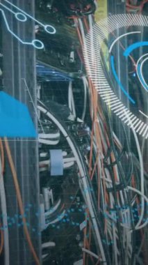 VR kulaklık takan bir adam üzerinde mavi kulaklık takan ve dürbün tarayan bir animasyon. Küresel iş dijital arayüzü teknolojisi ve dijital olarak oluşturulan ağ konsepti.