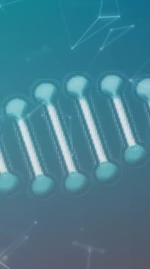 Mavi arkaplandaki bağlantılarla ilgili DNA iplikçiklerinin ve bilimsel veri işlemesinin animasyonu. Küresel bilim, araştırma, bağlantılar, hesaplama ve veri işleme kavramı dijital olarak oluşturulmuş video.