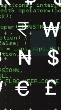 Animation of multiple currency symbols and programming language moving on black background. Digitally generated, multiple exposure, finance, economy, coding, technology, futuristic concept.
