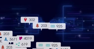 Neon-mavi ızgaralar birbirine yaklaşan akış bildirme baloncukları içeriden gelen veri dalgalanmalarını gösteriyor. Dijital, geleceksel, siber, dinamik, canlı, ağ, teknoloji