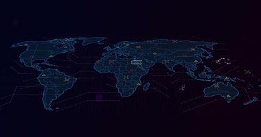 Kıtaları takip eden soluk mavi çizgi, değişen simgeler ve bağlayıcılar aracılığıyla veri akışını görselleştiren parlak harita. Coğrafi, analitik, teknoloji, görselleştirme, fütüristik, dijital, veri