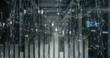 Translucent financial charts overlaying server aisle growing bars, moving line and showing data. Technology, analytics, digital, networking, innovation, futuristic, data