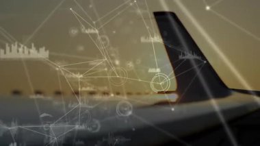 Uçak kuyruğu ve kanat üzerinde beliren soluk beyaz düğümler veriyi görselleştirmek için ağ örgüsü oluşturuyor. Uzay, teknoloji, veri, görselleştirme, yenilik, bağlantı, ağ