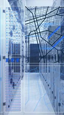 Bilgisayar sunucu odasına karşı veri işleme ve mozaik karelerle arayüzün animasyonu. Bilgisayar arayüzü ve iş veri depolama teknolojisi kavramı