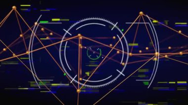 Başlangıçta teknoloji ağı turuncu düğümleri canlandırarak HUD 'yi döndürüyor ve analiz için reaksiyonu tarıyor. Futuristik, teknoloji, dijital, ağ, arayüz, veri görselleştirme, canlandırma