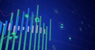 Mavi ızgaranın açılması çubukların düşmesine, simgelerin solmasına ve enerji eğilimlerini takip eden kırmızı çizginin oluşmasına yol açıyor. Veri görselleştirme, yenilenebilir enerji, fütüristik tasarım, bilgi, dijital analiz