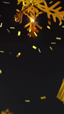 Siyah arka planda noel süsleri üzerine konfeti animasyonu. Noel, gelenek ve kutlama konsepti dijital olarak oluşturuldu.