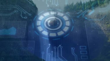 Şelalenin üzerinde beliren yüzen cihaz parlayan halkalar ve tarama sisi üzerinde grafik örtüler oluşturuyor. Fütürist, teknoloji, yenilik, dijital, dingin, manzara, ortam