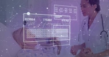 Hasta telefonu kaldırırken hemşire tepsiyi uzatıyor, tıbbi veriler titreşimi örtüyor. Sağlık, hastane, tıbbi, dijital arayüz, teletıp, hasta bakımı, klinik