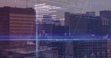 İkili kod kirişlerin ufuk çizgisini geçmesini, ızgara oluşumunu ve piyasa eğilimlerini gösteren panelleri tetikler. Futuristik, teknoloji, kentsel, veri görselleştirme, dijital, kurumsal, yenilik