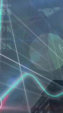 Animation of data processing and clock over cityscape. Global business and digital interface concept digitally generated video.