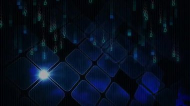 Mavi fayans ızgarasında süzülen bir kıvılcım çakıyor. Görsel veri akışı kayboluyor. Teknoloji, dijital, fütüristik, soyut, siber, veri, yenilik