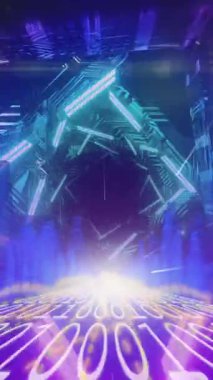 Arka planda, dönen neon şekillerinin oluşturduğu tünel üzerine ikili kodlama ile dijital arayüzün animasyonu. Dijital olarak oluşturulan küresel dijital konsept.