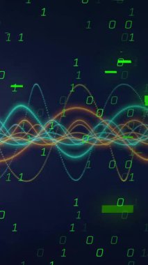 İkili kod ve renkli dalga biçimleriyle dijital veri işleme animasyonu. Teknoloji, fütüristik, soyut, ağ