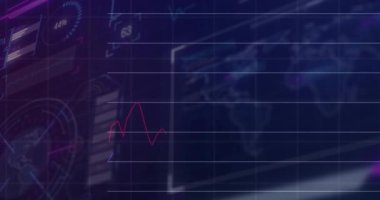 Izgara başlangıcında, kırmızı ve mavi çizgiler yükseliyor ve noktalı çizgiler pazar eğilimini görselleştirmek için hareket ediyor. Veri, analitik, performans, teknoloji, gösterge paneli, gelecekçilik, yenilik