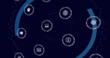 İkonlar yaklaştığında, yay halkalar oluşturarak veri güvenliğini göstermek için bulut kilidi etrafında dönen ikonlar oluştururlar. Siber güvenlik, dijital, fütüristik, arayüz, şifreleme, teknoloji, yenilik