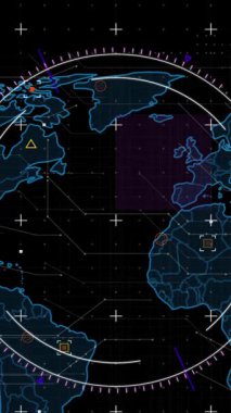 Dünya haritası üzerinde kapsam, işaret ve veri işleme animasyonları. küresel bağlantılar, dijital arayüz ve dijital olarak oluşturulmuş video işleme konsepti.