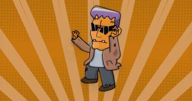 Ayakta duran çizgi film karakteri portakal patlamasına karşı, güneş gözlüklü kot pantolon ve ayakkabılarla poz veriyor. Canlı, dinamik, enerjik, cesur, grafik, stilize, genç