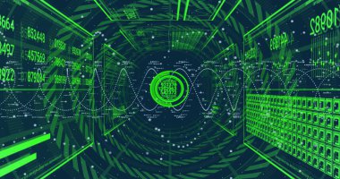 Sanal veri tünelinde parlayan arayüz titreşimi, akış numaraları, dalga formları, ızgaralar, parçacıklar. Fütürist, dijital, soyut, teknoloji, siber, neon, ağ