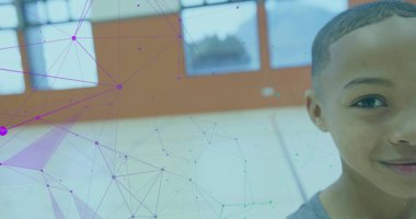 Standing boy wearing gray T-shirt scanning basketball court through network overlay, copy space. Athletic, technology, youth, sports, education, modern, digital