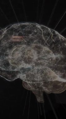 Animation of connections and digital brain over server room. Global technology, online security and digital interface concept digitally generated video.