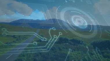 Dairesel HUD görünümü, yol gösterimi devre izleri ve verileri gösteren kaydırma grafiği. Gelecek, teknoloji, veri görselleştirme, manzara, arayüz, yenilik, dijital