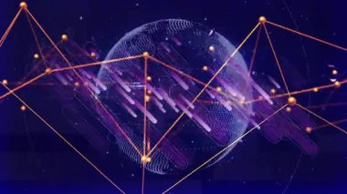 Döndürmeye başladığınızda dünya oluşum ağı oluşturun ve IT veri akışını gösteren mor çizgiler akın edin. Teknoloji, veri, dijital, ağ, yenilik, bağlantı, siber uzay