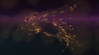 Altın parçacıklar akıntıya doğru hızlanıyor, mor kurdele etrafında dönerek girdap oluşturuyor. Dijital, fütüristik, enerjik, hareketli, kozmik, dinamik, dalgın