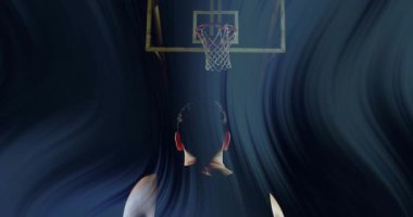 Basketbolcuyu yeniden başlatma, topu kaldırma ve potaya doğru dijital arka planda atış. Atletik, eylem, dinamik, spor, motivasyon, eğitim, fütüristik