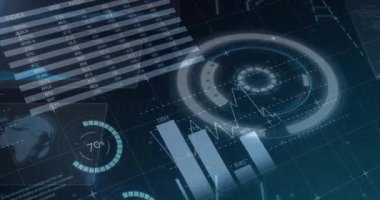 Karanlık ızgarada gösterge paneli açılıyor, tablo ve gösterge açılıyor, grafikler canlandırılıyor, veriler canlandırılıyor. Analizler, görselleştirme, arayüz, teknoloji, veri, fütürizm, gösterge paneli