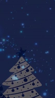 Kırmızı pankartın mavi arkaplanda noel süslemeleri üzerinde fotokopi alanı olan animasyonu. Noel, şenlik, kutlama ve gelenek konsepti dijital olarak oluşturuldu.