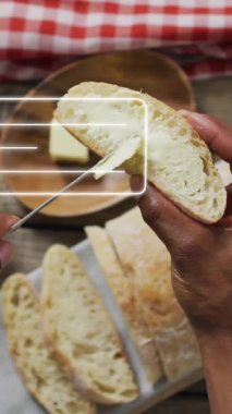 Ekmek dilimleme, mutfak sahnesinin üzerinde profil ikonu animasyonu olan elleri tutma. Yemek pişirme, aşçılık, yemek hazırlama