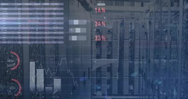 Göstergeler üzerindeki gösterge paneli açılıyor, göstergeler güncelleniyor, çubuklar yükseliyor, canlı içgörü için haritalar oluşturuluyor. Etkileşimli, analitik, görselleştirme, dijital, teknoloji, veri güdümlü, modern