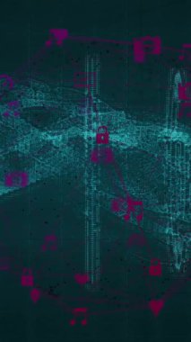 Mavi dalga modeli üzerinde veri işleme yapan dijital ağ simgelerinin animasyonu. Teknoloji, ağ oluşturma, bağlantı, gelecek, internet, bilgi