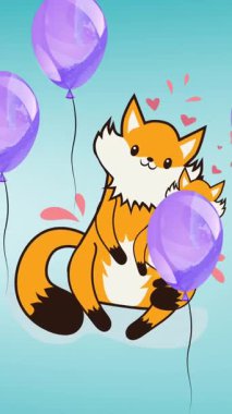 Mor balonlarla kucaklaşan mutlu ebeveyn ve genç tilkinin canlandırması. aile, sevgi, sağlık ve birliktelik kavramı dijital olarak oluşturulmuş video.