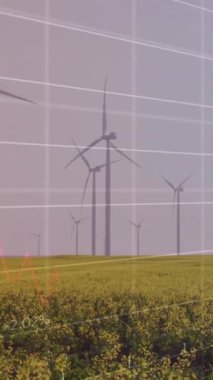 Rüzgâr türbinleriyle alanın üzerinde şema ve veri işleme animasyonları. Küresel iş, doğa ve dijital arayüz kavramı, dijital olarak oluşturulmuş video.