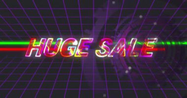 Soldan kayan RGB çizgisi, sürüklenen parçacıkları bozan neon devasa satış metnini ortaya çıkarıyor. Neon, digital, glitch, futuristik, retro, soyut, motion