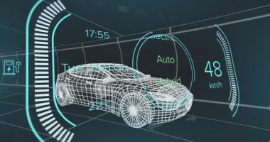 Telgraf sedanın hızlanması, hız göstergesi tırmanması ve halka kayması başlatılıyor. Fütürist, dijital, otomotiv, teknoloji, yenilik, gösterişli, gösterge paneli