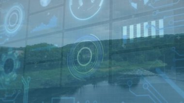 Ölçüm atımında kaybolan dijital ızgara üzerinde, grafikler manzara üzerinde veriyi görselleştirmek için güncelleniyor. Gelecek, teknoloji, analitik, arayüz, sentez, çevre, görselleştirme
