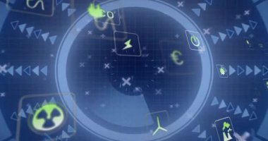 Geçit ve halkalar ızgara üzerinde kayboluyor. Çevresel ölçümlerin yörüngesinde dönen enerji simgeleri. Teknoloji, yenilik, sürdürülebilirlik, dijital, veri görselleştirme, gelecekçilik, çevrecilik