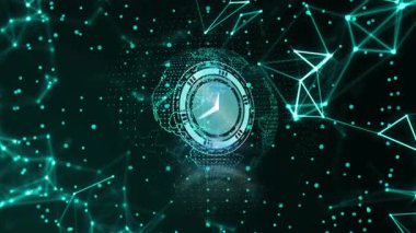 Turkuaz solmuş noktalar, dönen ağ hatlarıyla dijital saati başlatıyor. Gelecek, teknoloji, yenilik, siber, veri, bağlantı, sanal