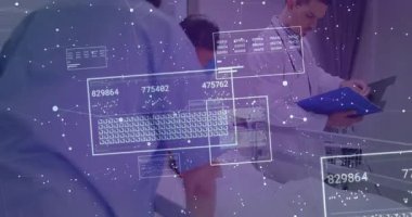 Medical team entering room and examining child, adjusting IV and reviewing data via animated panels. Healthcare, pediatrics, teamwork, digital, diagnostics, clinical, hospital