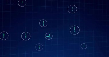 Izgara üzerinde neon yeşil enerji simgeleri sürükleniyor ve gösterge paneli genel görünümü için çizelgeleri vurguluyor. Teknoloji, yenilik, sürdürülebilirlik, dijital, analitik, bağlantı, gelecek