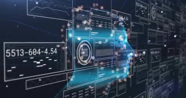 Başlangıçta, mavi kafa kayan paneller ve yüz verilerini güncelleyen telemetri olarak dönüyor. Teknoloji, yenilik, biyometri, veri görselleştirme, sibernetik, dijital sanat, fütürist