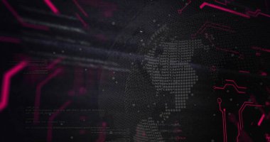 Sanal dijital arayüz üzerinde titreşen, neon devre izleriyle stilize edilmiş noktalı küre gösterimi. Fütürist, teknoloji, siber, dijital alarm, yenilik, soyut, parlak