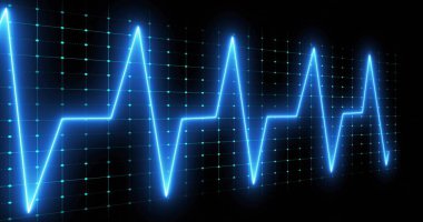 Siyah dijital monitörde turkuaz nokta ızgarası olan titreşimli mavi zigzag dalga formu. Gelecek, teknoloji, dijital, soyut, siber, arayüz, görselleştirme