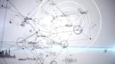 Ağ oluşturan gri çizgiler ve düğümlerden oluşan solmuş ağ ve titreşen halkalar ve grafikler veriyi görselleştiriyor. Geometrik, dijital, fütüristik, teknoloji, ağ, soyut, yenilik