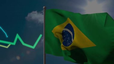 Neon çizgisi grafikleri soldan ortaya çıkıyor ve Brezilya bayrağını süpürüyor, pazar eğilimlerini görselleştiriyor. Bayrak, üç renkli, esinti, dalgalanma, güneş ışığı, bulutlar, ışıltı
