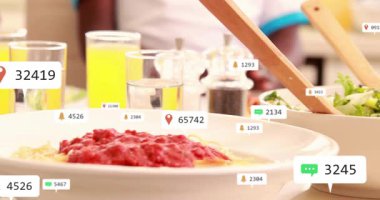 Floating icons appearing above plates, diners cutting salad, twirling pasta showing online interest. Gourmet, social dining, contemporary, casual, vibrant, engagement, conversational