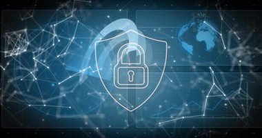 Düğüm örgüsü oluşuyor, kalkan kilidi merkezde başlıyor, dünya soluyor, şema yükseliyor, güvenliği gösteriyor. Siber, mahremiyet, ağ, şebeke, arayüz, gösterge paneli, geleceksel